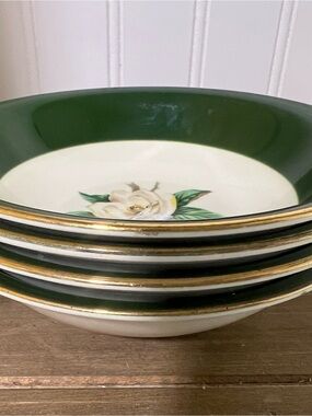 Homer Laughlin Jaderose Green and White with Magnolia a Gold Trim Bowl